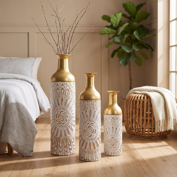 English Elm Floor Vase Set Three Embossed Sunburst Metal Boho Chic Accent for Living Rooms W3935P555583