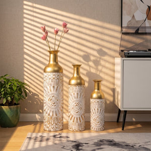 English Elm Floor Vase Set Three Embossed Sunburst Metal Boho Chic Accent for Living Rooms W3935P555583