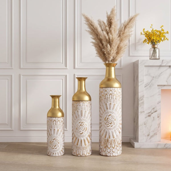 English Elm Floor Vase Set Three Embossed Sunburst Metal Boho Chic Accent for Living Rooms W3935P555583