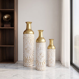 English Elm Floor Vase Set Three Embossed Sunburst Metal Boho Chic Accent for Living Rooms W3935P555583