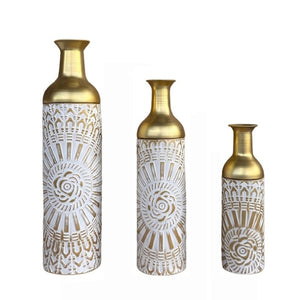 English Elm Floor Vase Set Three Embossed Sunburst Metal Boho Chic Accent for Living Rooms W3935P555583