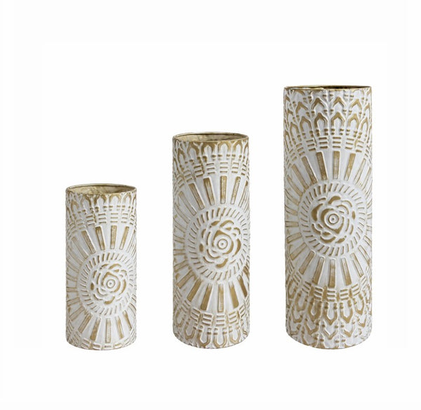 English Elm Floor Vase Set Three Embossed Sunburst Metal Boho Chic Accent for Living Rooms W3935P555583
