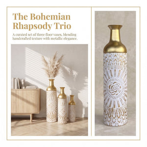 English Elm Floor Vase Set Three Embossed Sunburst Metal Boho Chic Accent for Living Rooms W3935P555583