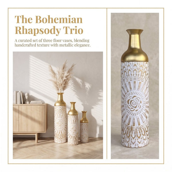 English Elm Floor Vase Set Three Embossed Sunburst Metal Boho Chic Accent for Living Rooms W3935P555583