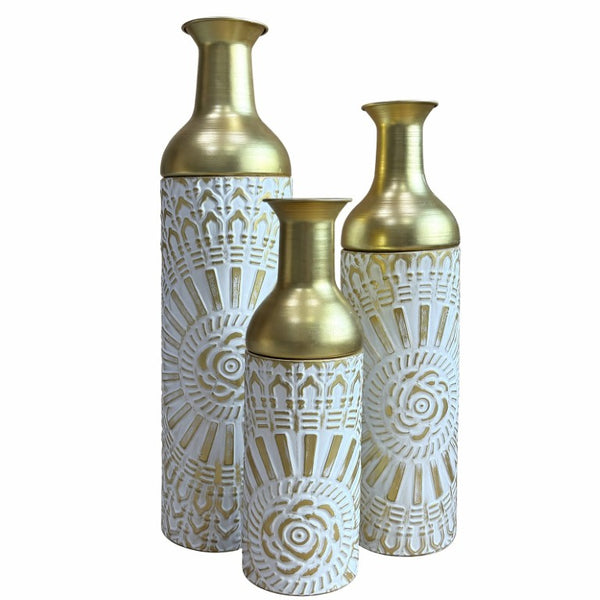 English Elm Floor Vase Set Three Embossed Sunburst Metal Boho Chic Accent for Living Rooms W3935P555583