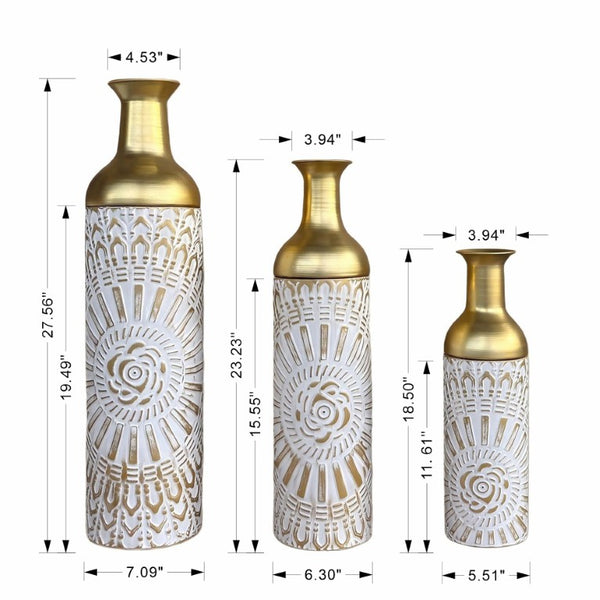 English Elm Floor Vase Set Three Embossed Sunburst Metal Boho Chic Accent for Living Rooms W3935P555583