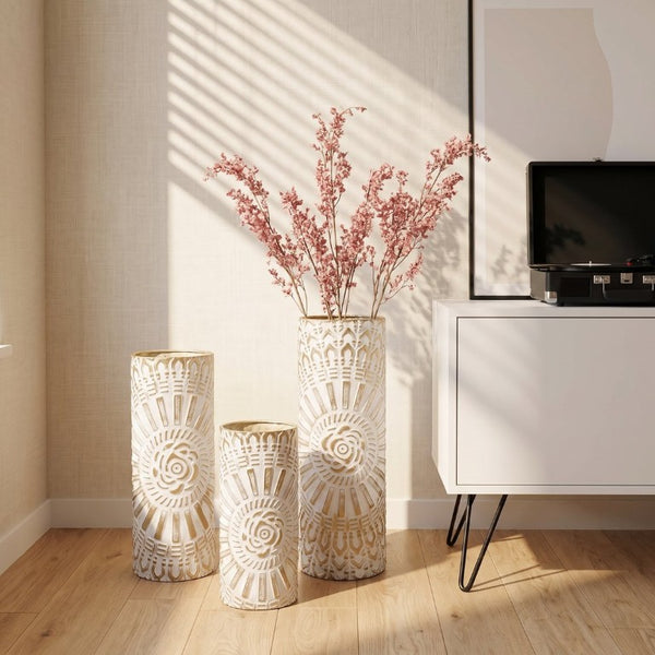 English Elm Floor Vase Set Three Embossed Sunburst Metal Boho Chic Accent for Living Rooms W3935P555583