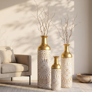 English Elm Floor Vase Set Three Embossed Sunburst Metal Boho Chic Accent for Living Rooms W3935P555583