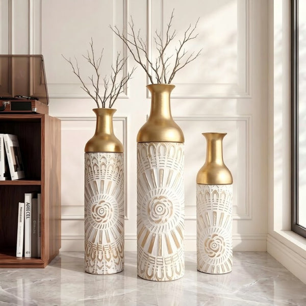 English Elm Floor Vase Set Three Embossed Sunburst Metal Boho Chic Accent for Living Rooms W3935P555583