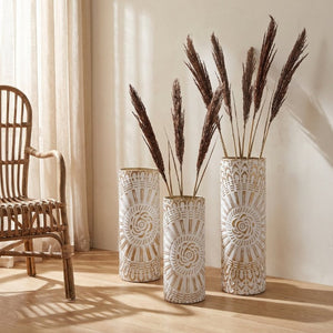 English Elm Floor Vase Set Three Embossed Sunburst Metal Boho Chic Accent for Living Rooms W3935P555583