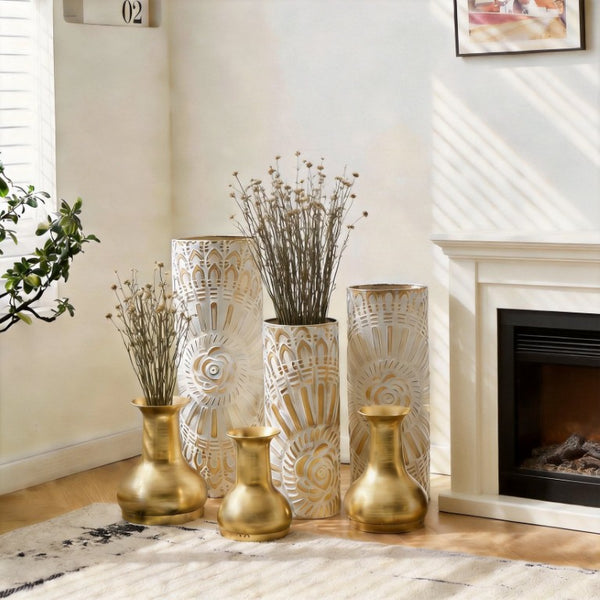 English Elm Floor Vase Set Three Embossed Sunburst Metal Boho Chic Accent for Living Rooms W3935P555583