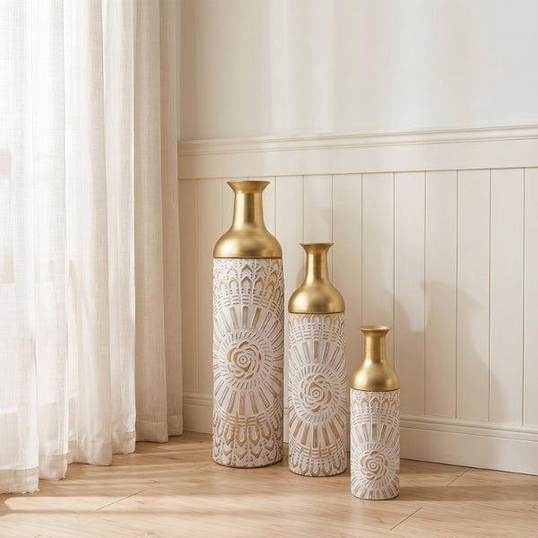 English Elm Floor Vase Set Three Embossed Sunburst Metal Boho Chic Accent for Living Rooms W3935P555583