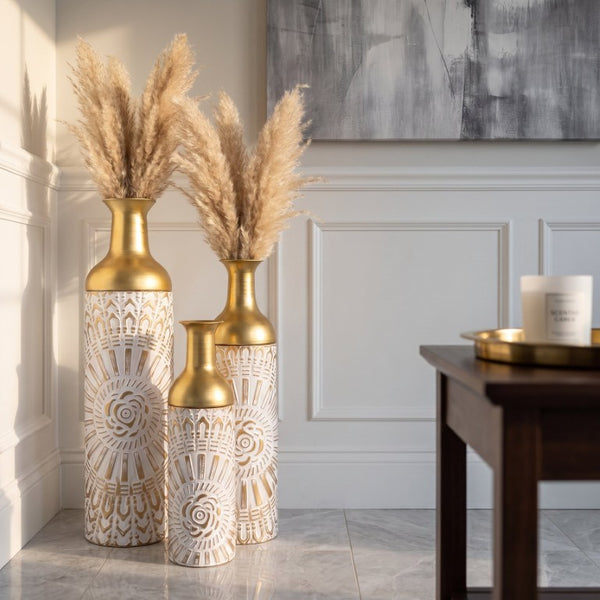 English Elm Floor Vase Set Three Embossed Sunburst Metal Boho Chic Accent for Living Rooms W3935P555583