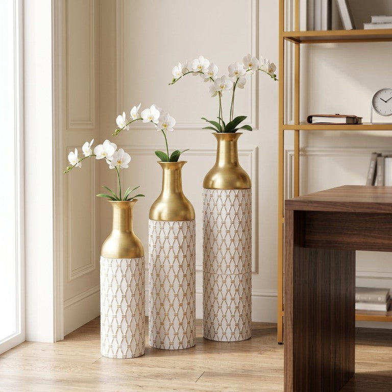 English Elm White Metal Floor Vase Set with Gold Necks Diamond Lattice Texture Modern Farmhouse Decor W3935P556097