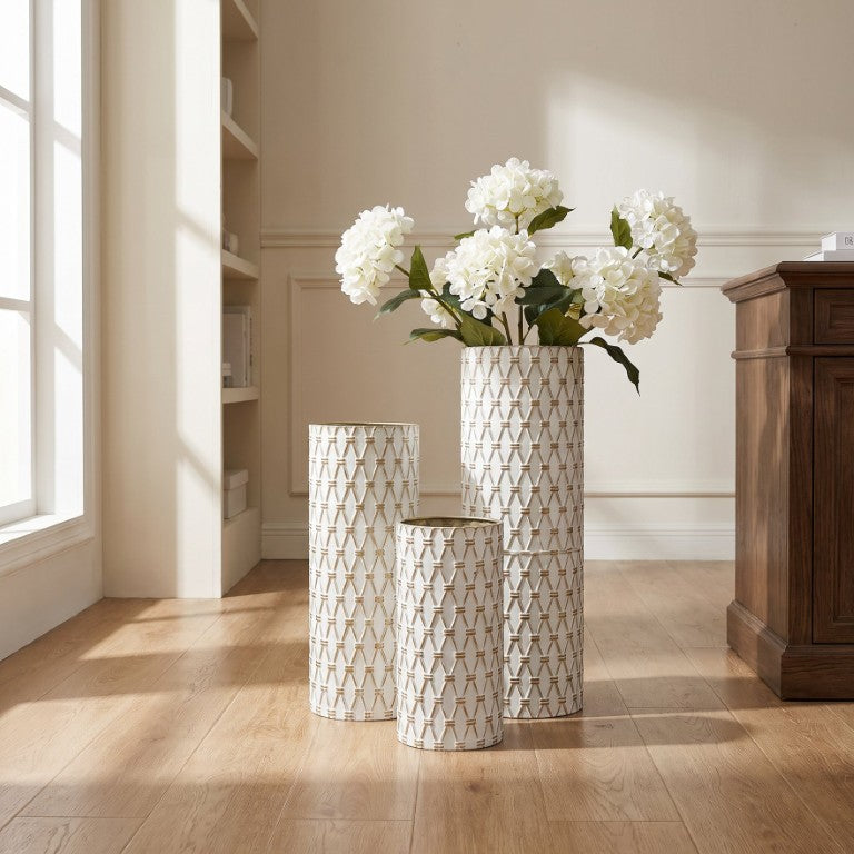 English Elm White Metal Floor Vase Set with Gold Necks Diamond Lattice Texture Modern Farmhouse Decor W3935P556097
