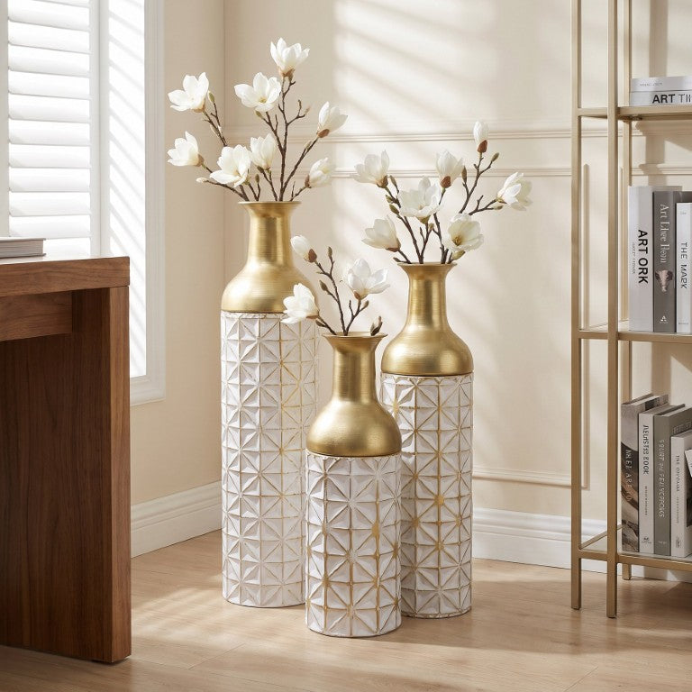 English Elm White Metal Floor Vase Set of 3 Geometric Embossed Platinum Tone with Gold Neck Accent W3935P556101