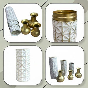English Elm White Metal Floor Vase Set of 3 Geometric Embossed Platinum Tone with Gold Neck Accent W3935P556101