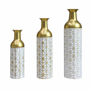 English Elm White Metal Floor Vase Set of 3 Geometric Embossed Platinum Tone with Gold Neck Accent W3935P556101