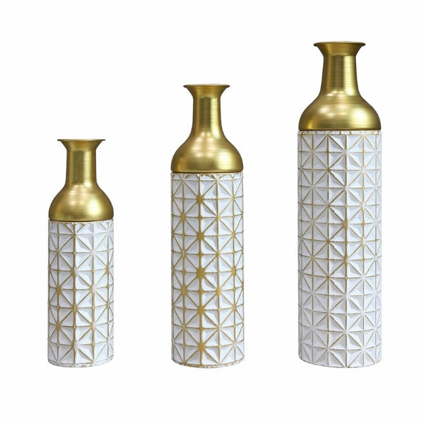 English Elm White Metal Floor Vase Set of 3 Geometric Embossed Platinum Tone with Gold Neck Accent W3935P556101