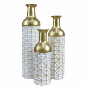 English Elm White Metal Floor Vase Set of 3 Geometric Embossed Platinum Tone with Gold Neck Accent W3935P556101