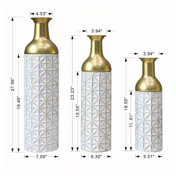 English Elm White Metal Floor Vase Set of 3 Geometric Embossed Platinum Tone with Gold Neck Accent W3935P556101