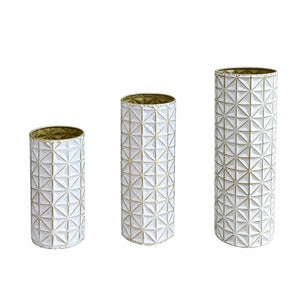 English Elm White Metal Floor Vase Set of 3 Geometric Embossed Platinum Tone with Gold Neck Accent W3935P556101