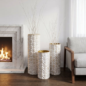English Elm White Metal Floor Vase Set of 3 Geometric Embossed Platinum Tone with Gold Neck Accent W3935P556101