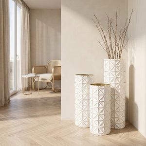 English Elm White Metal Floor Vase Set of 3 Geometric Embossed Platinum Tone with Gold Neck Accent W3935P556101