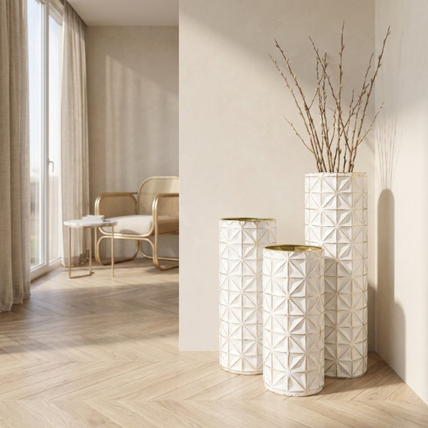 English Elm White Metal Floor Vase Set of 3 Geometric Embossed Platinum Tone with Gold Neck Accent W3935P556101