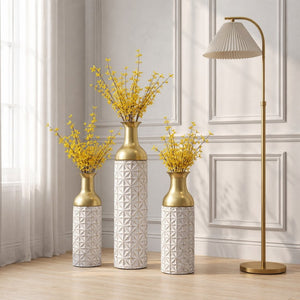 English Elm White Metal Floor Vase Set of 3 Geometric Embossed Platinum Tone with Gold Neck Accent W3935P556101