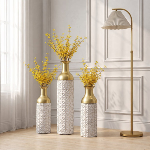 English Elm White Metal Floor Vase Set of 3 Geometric Embossed Platinum Tone with Gold Neck Accent W3935P556101