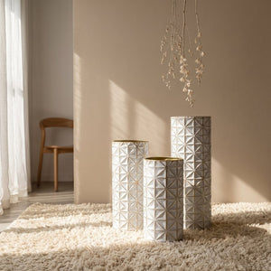 English Elm White Metal Floor Vase Set of 3 Geometric Embossed Platinum Tone with Gold Neck Accent W3935P556101