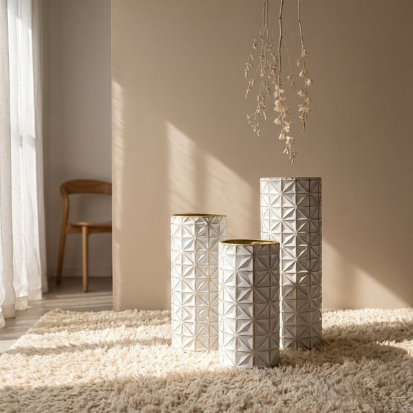 English Elm White Metal Floor Vase Set of 3 Geometric Embossed Platinum Tone with Gold Neck Accent W3935P556101