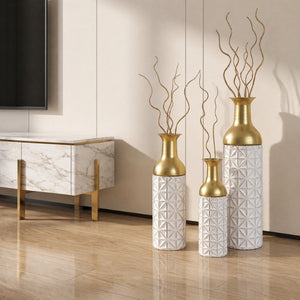 English Elm White Metal Floor Vase Set of 3 Geometric Embossed Platinum Tone with Gold Neck Accent W3935P556101