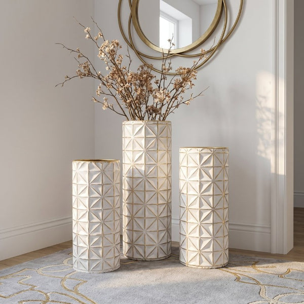 English Elm White Metal Floor Vase Set of 3 Geometric Embossed Platinum Tone with Gold Neck Accent W3935P556101