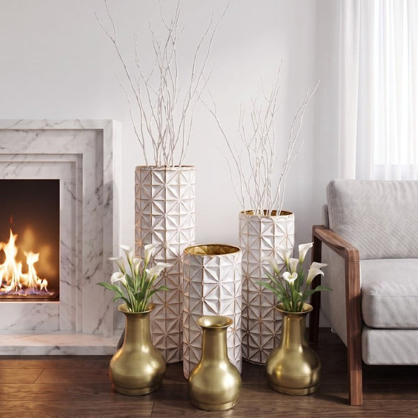 English Elm White Metal Floor Vase Set of 3 Geometric Embossed Platinum Tone with Gold Neck Accent W3935P556101