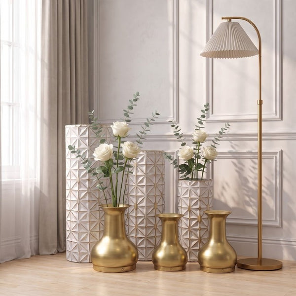 English Elm White Metal Floor Vase Set of 3 Geometric Embossed Platinum Tone with Gold Neck Accent W3935P556101