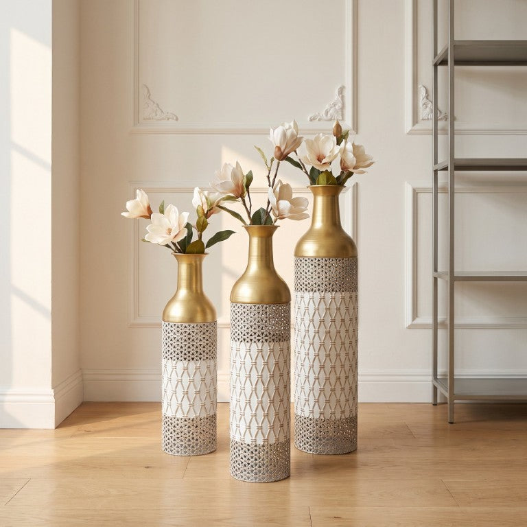 English Elm 3 Graduated Metal Floor Vases White Embossed Geometric Brushed Gold Boho Glam Accent Set W3935P556122