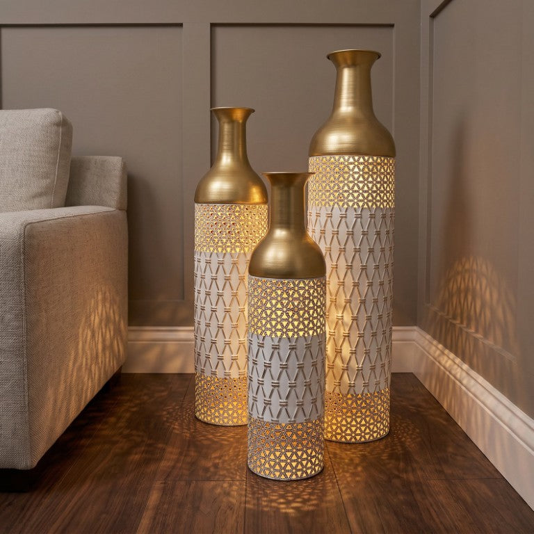 English Elm 3 Graduated Metal Floor Vases White Embossed Geometric Brushed Gold Boho Glam Accent Set W3935P556122