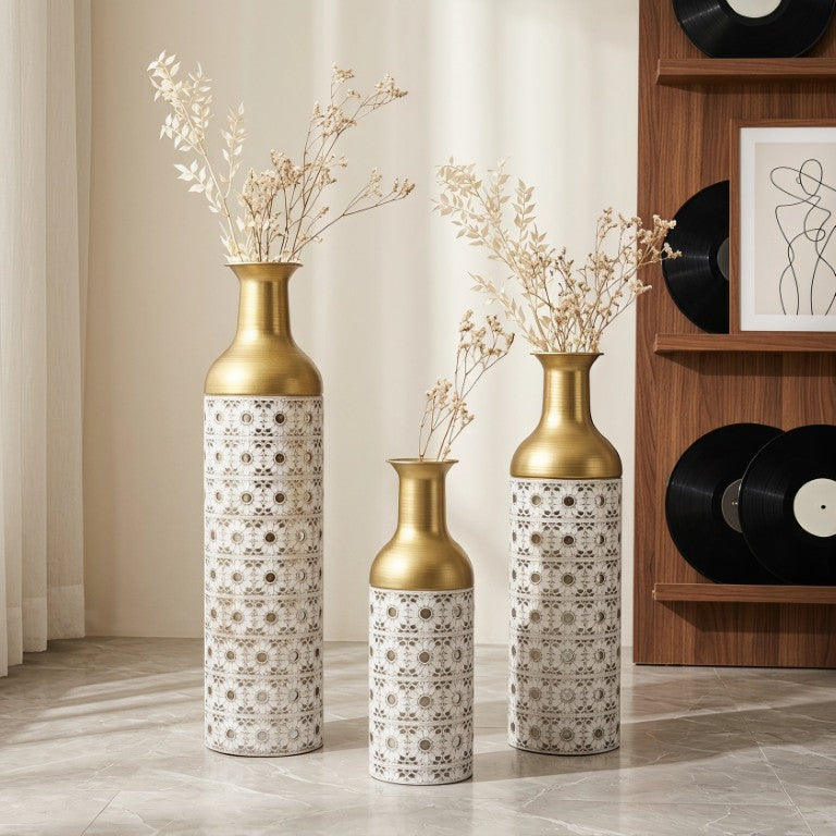 English Elm White and Gold Handcrafted Metal Floor Vases Trio Glam Cutout Floral Entryway Decor W3935P556123