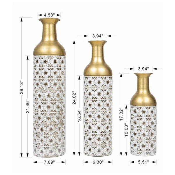 English Elm White and Gold Handcrafted Metal Floor Vases Trio Glam Cutout Floral Entryway Decor W3935P556123