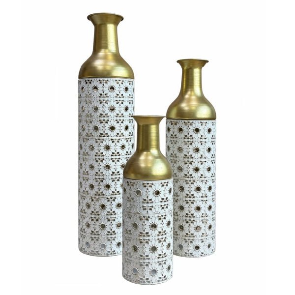 English Elm White and Gold Handcrafted Metal Floor Vases Trio Glam Cutout Floral Entryway Decor W3935P556123