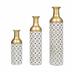 English Elm White and Gold Handcrafted Metal Floor Vases Trio Glam Cutout Floral Entryway Decor W3935P556123