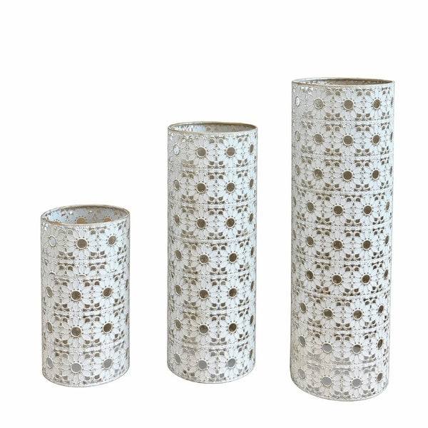 English Elm White and Gold Handcrafted Metal Floor Vases Trio Glam Cutout Floral Entryway Decor W3935P556123