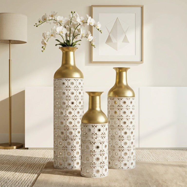 English Elm White and Gold Handcrafted Metal Floor Vases Trio Glam Cutout Floral Entryway Decor W3935P556123