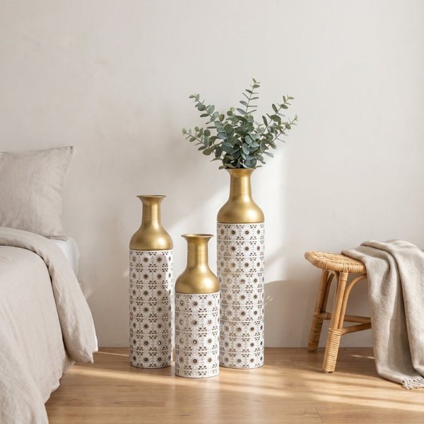 English Elm White and Gold Handcrafted Metal Floor Vases Trio Glam Cutout Floral Entryway Decor W3935P556123