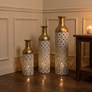English Elm White and Gold Handcrafted Metal Floor Vases Trio Glam Cutout Floral Entryway Decor W3935P556123