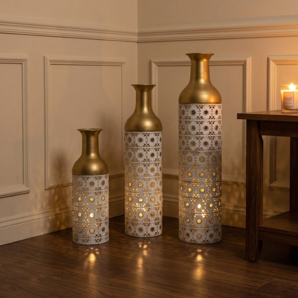 English Elm White and Gold Handcrafted Metal Floor Vases Trio Glam Cutout Floral Entryway Decor W3935P556123