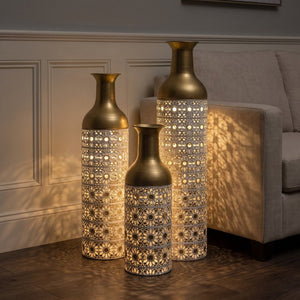 English Elm White and Gold Handcrafted Metal Floor Vases Trio Glam Cutout Floral Entryway Decor W3935P556123