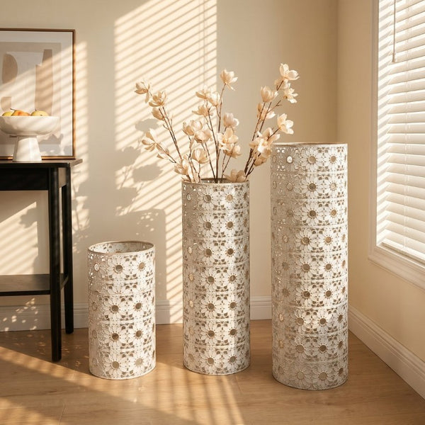 English Elm White and Gold Handcrafted Metal Floor Vases Trio Glam Cutout Floral Entryway Decor W3935P556123